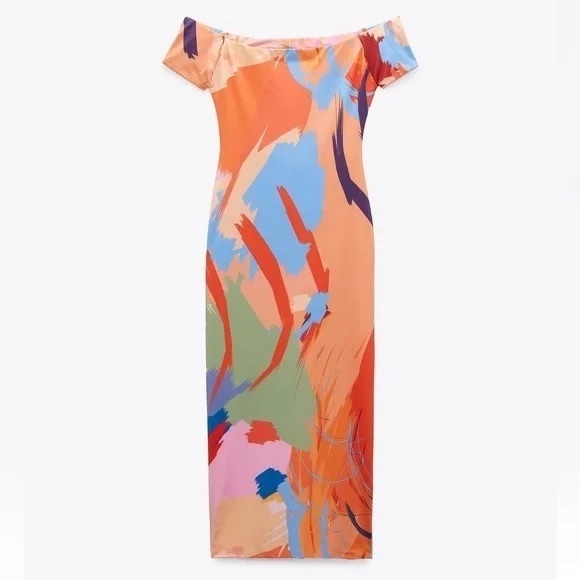 Zara blogger favorite abstract color print bodycon off shoulder dress NWT - Picture 2 of 4